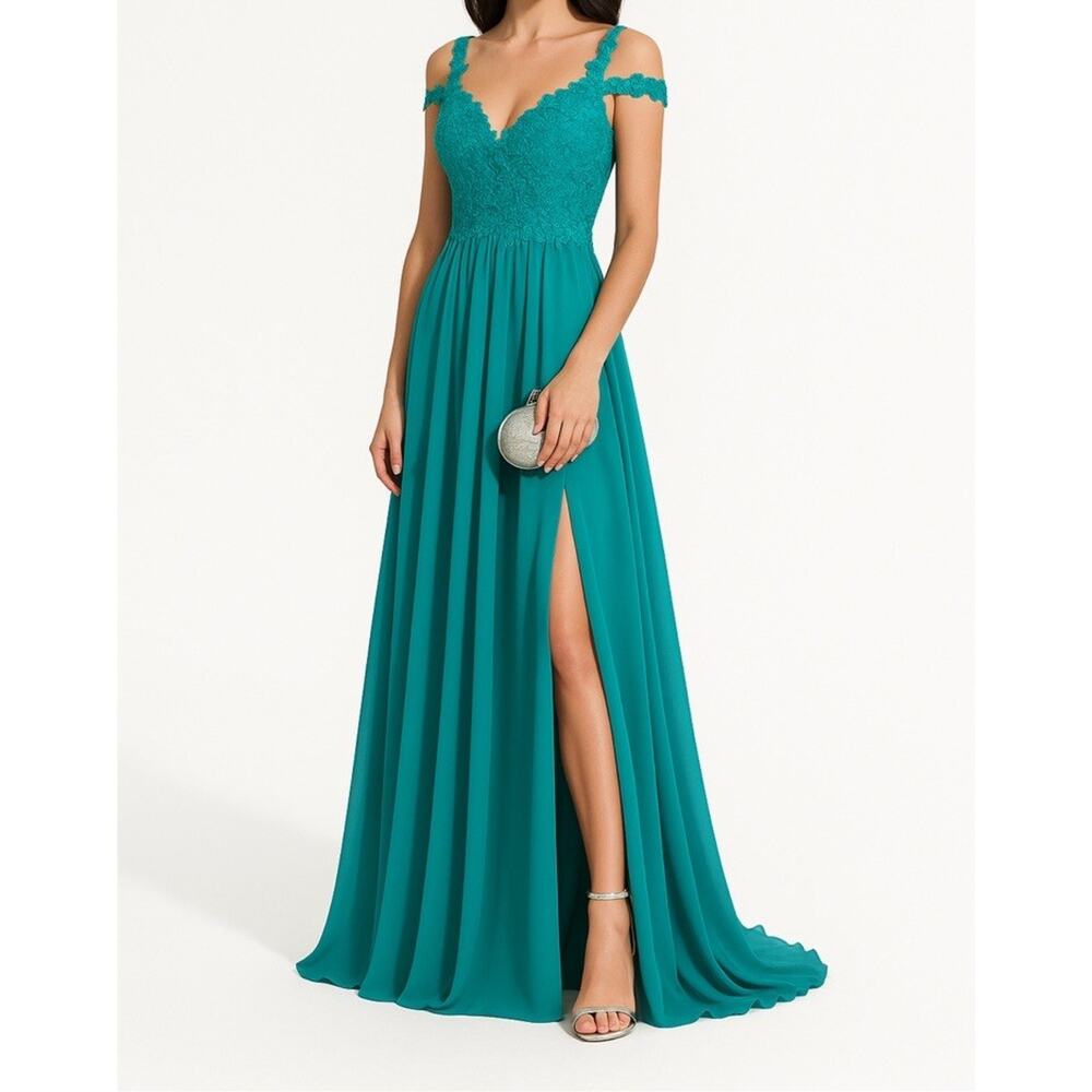 JJ’s House Sz 10 Teal Long Chiffon Gown Off Shoulder Lace Beaded Rhinestone NWT